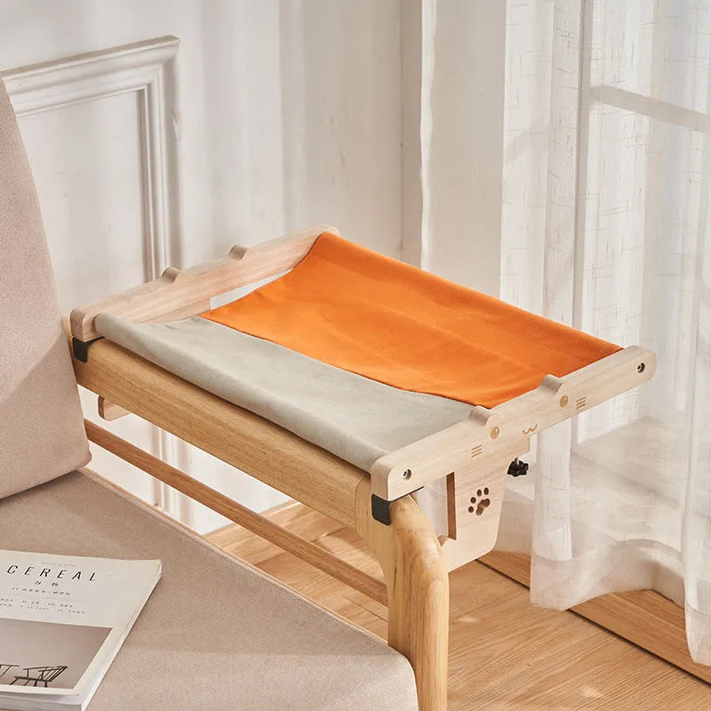 Wooden frame cat hammock hanging bed for balcony or window in one of seven available styles.