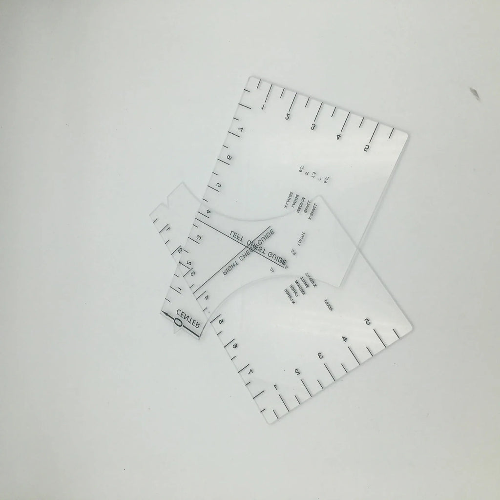 Transparent acrylic sewing patch ruler 10x6 inches for t-shirt alignment with carved markings