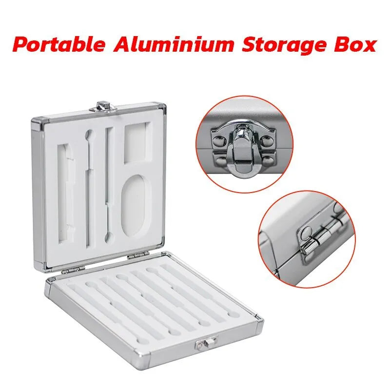 Silver aluminium storage box for portable soldering iron showing compact dimensions