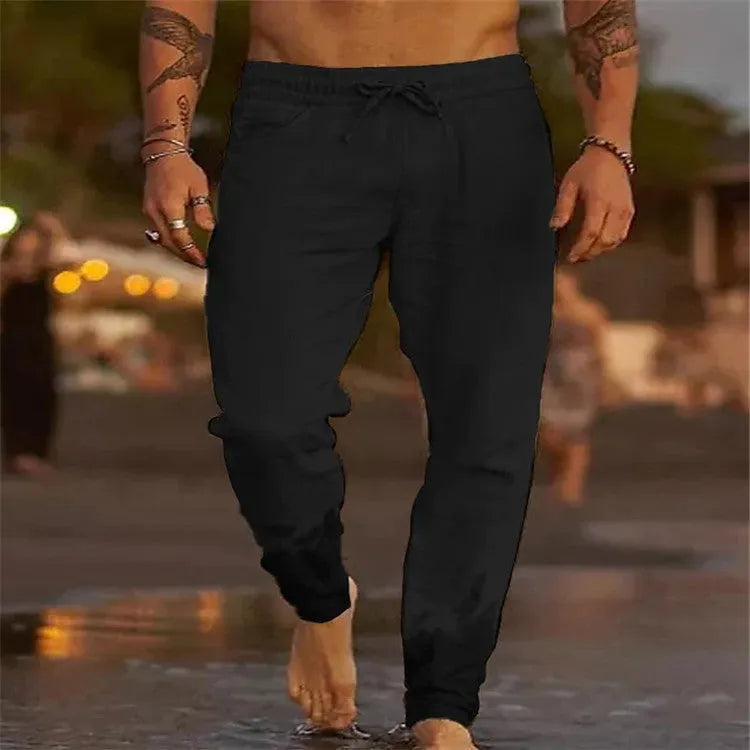 Men's solid colour loose beach casual pants in Khaki, front view