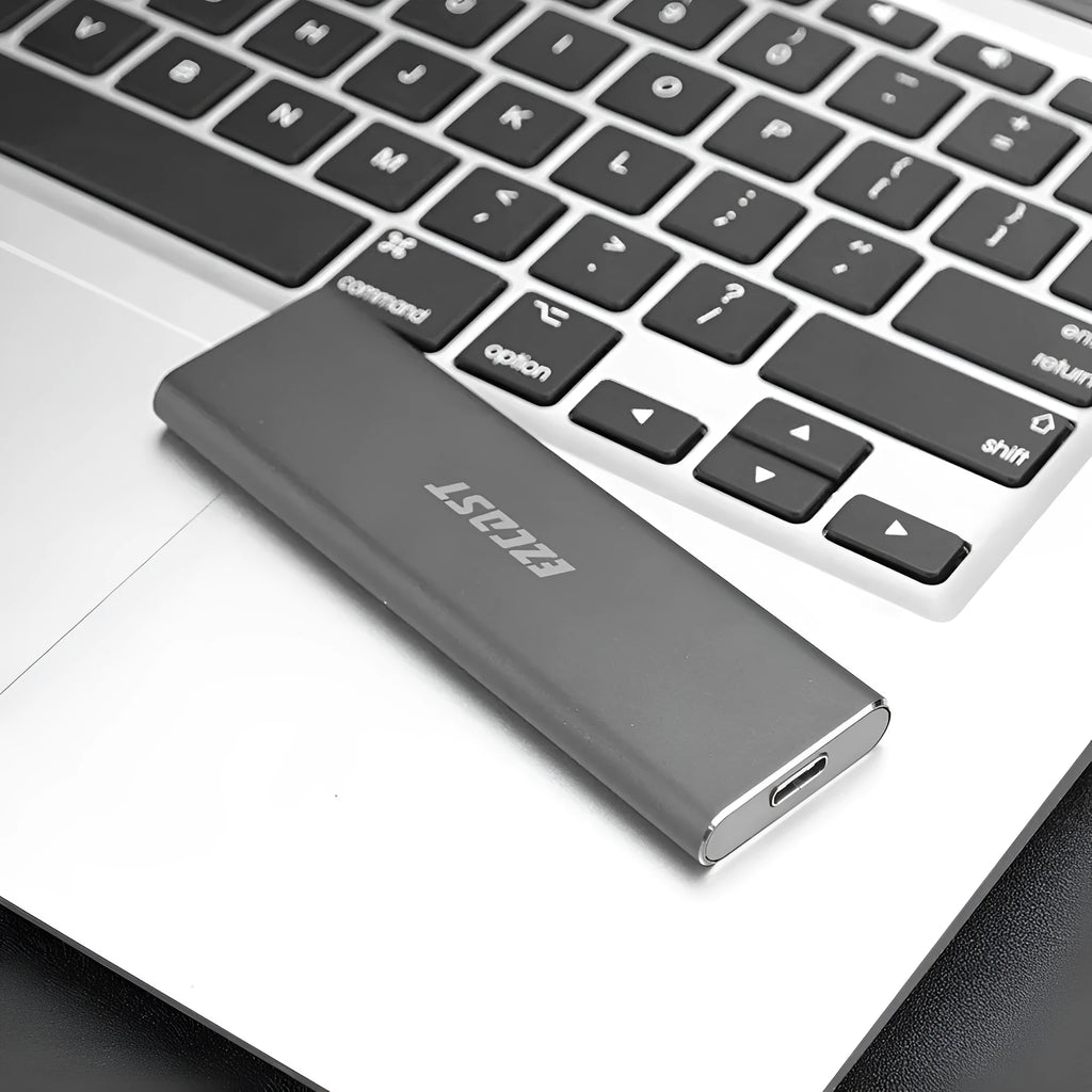 M.2 NVMe external SSD enclosure with USB 3.1 Gen 2 cable in dark grey