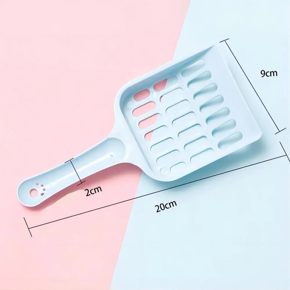 Blue plastic cat litter scoop showing 20cm length and built-in sand shovel.