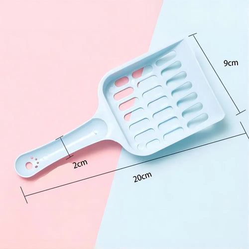 Blue plastic cat litter scoop showing 20cm length and built-in sand shovel.