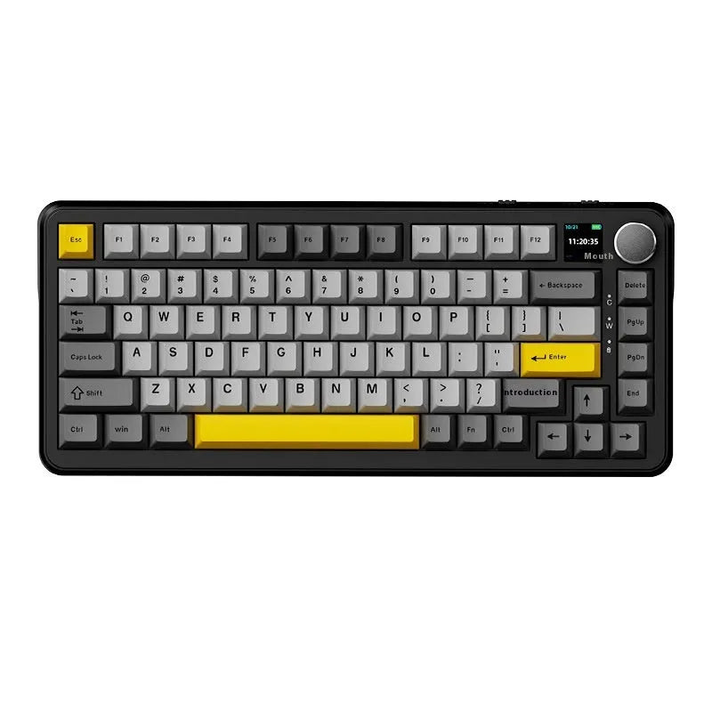 Black grey yellow compact mechanical keyboard with wireless connectivity and hot-swappable switches