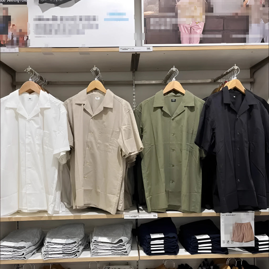Men's beige modal cotton open collar casual shirt with regular sleeves on a hanger