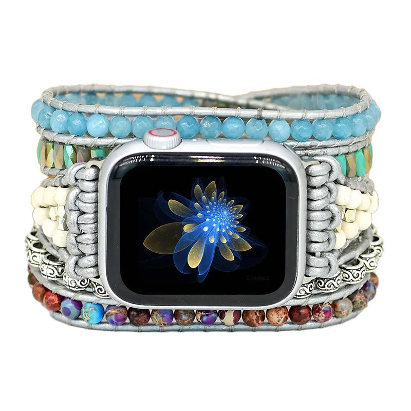 Hand-woven natural stone bead watch strap for iWatch replacement in three sizes