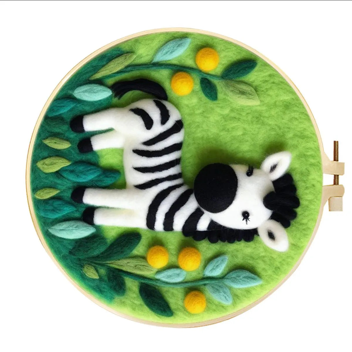 Round linen embroidery kit with wool felt pieces for 3D flowers and leaves, includes a free frame.