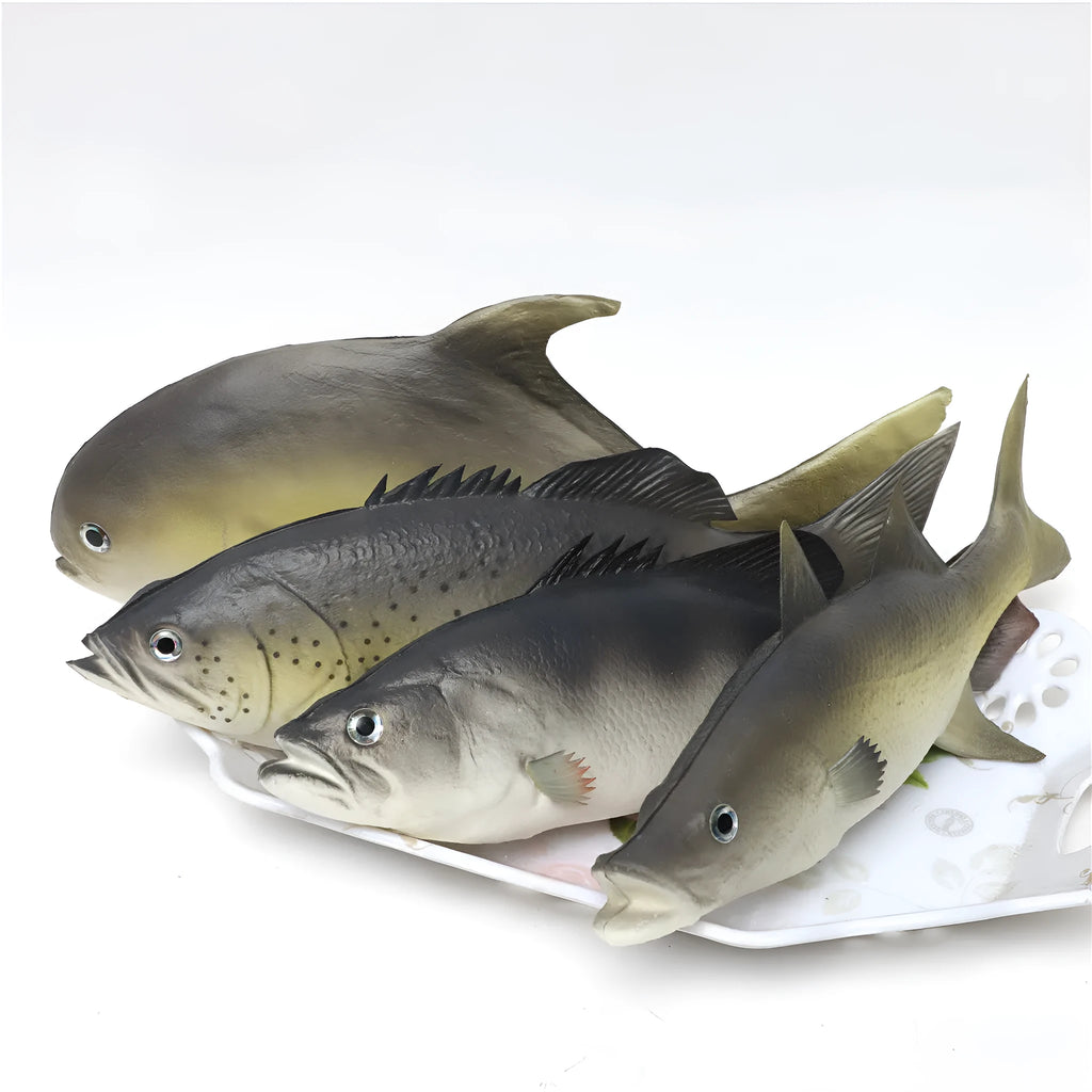 Set of three PU simulated fish model ornaments: yellow-fin tuna, flower fish, and yellow croaker.