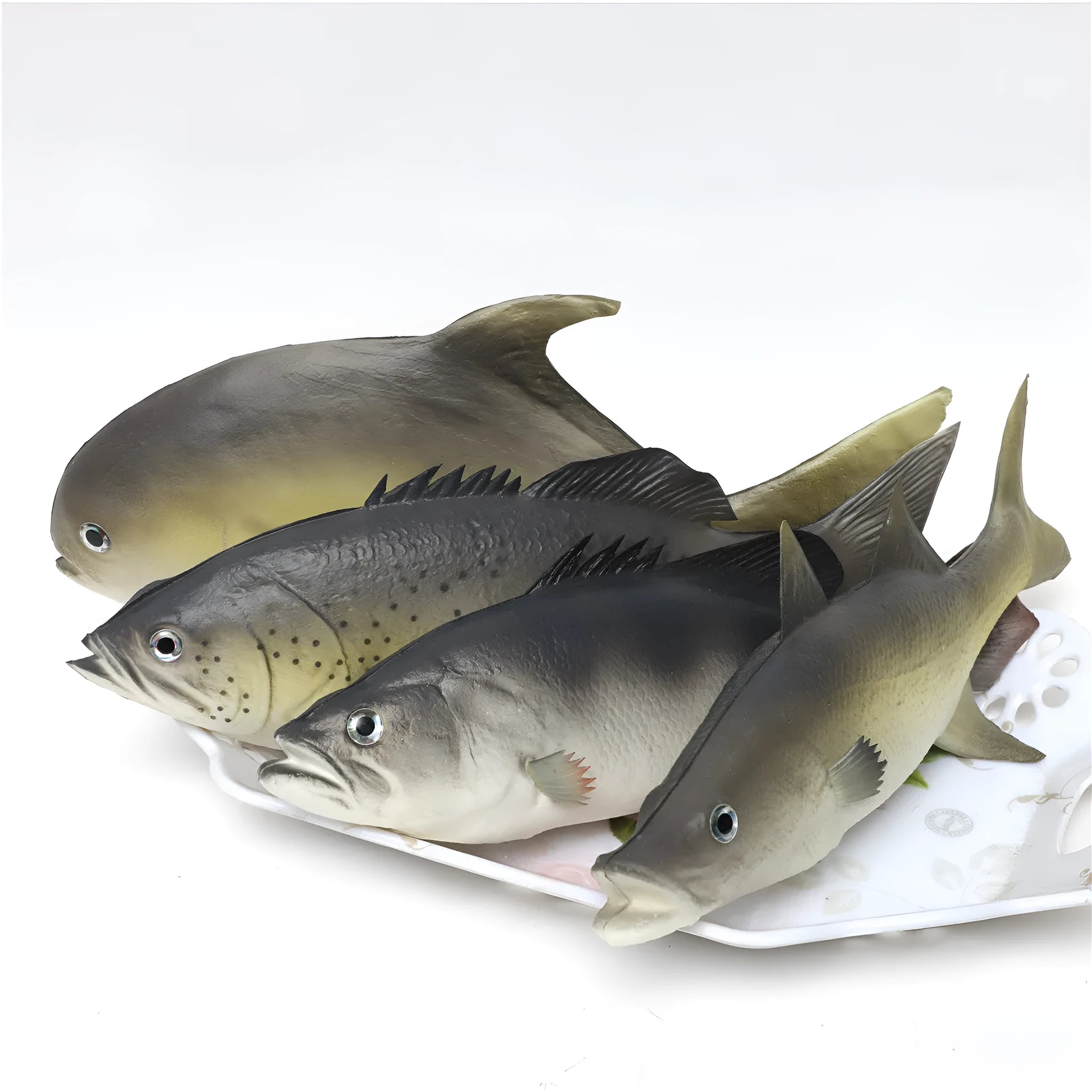 Set of three PU simulated fish model ornaments: yellow-fin tuna, flower fish, and yellow croaker.