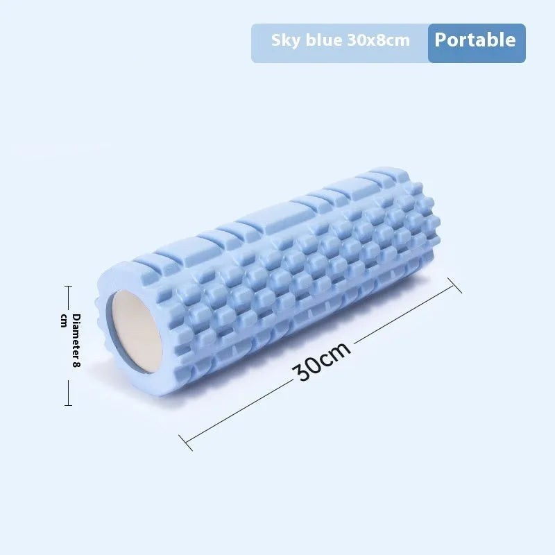 EVA foam roller for fitness in black, grey, pink, sky blue, or light purple, showing size options.