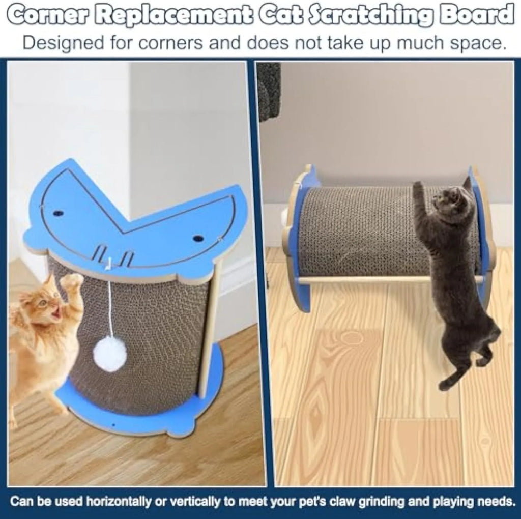 Dark grey vertical cat corner scratching pad with hanging ball on a cardboard surface.
