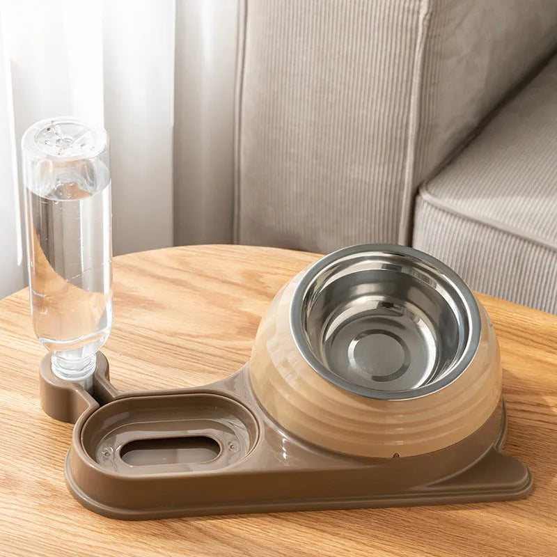 Elevated cat food bowl with automatic water dispenser in brown colour