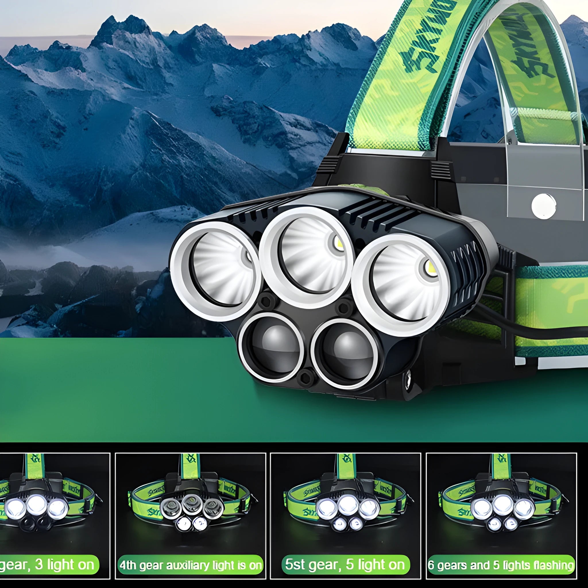 Yellow-green USB rechargeable outdoor headlamp with 5 LEDs on an adjustable head strap.