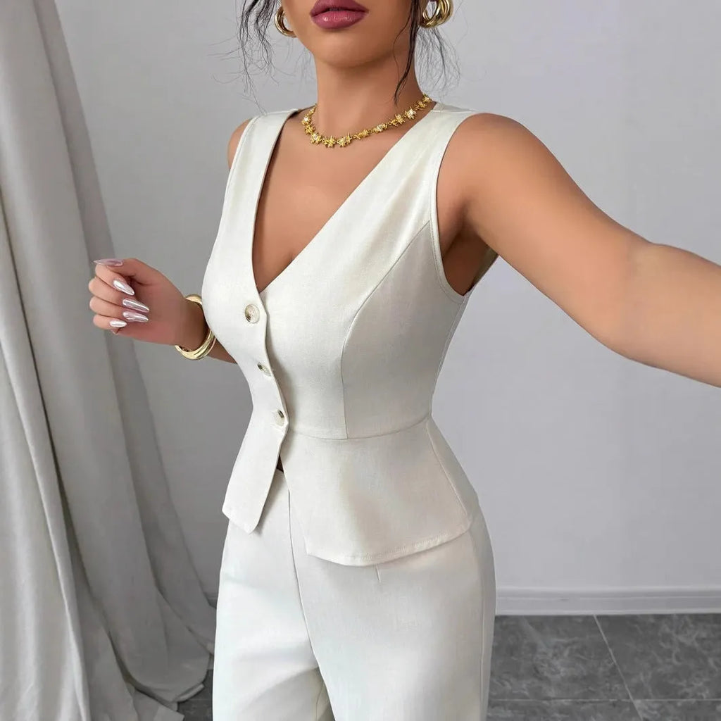 Women's sleeveless vest and high-waisted trousers two-piece set in solid colour