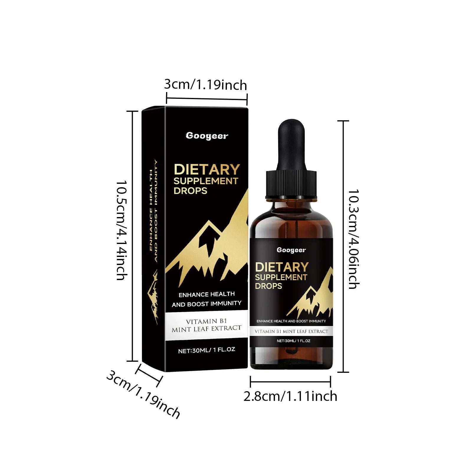 Clear bottle of amber liquid dietary supplement drops with a black dropper top.