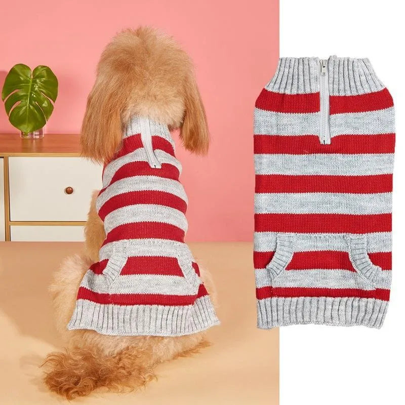 Grey dog sweater with horizontal zipper and contrast colour button pocket on small dog