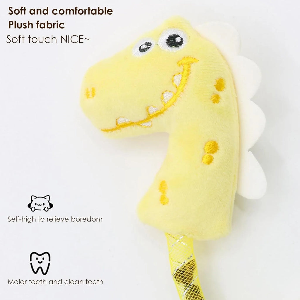 Set of four cat toys: plush fish, mouse, bunny, and a catnip rope on a plain background