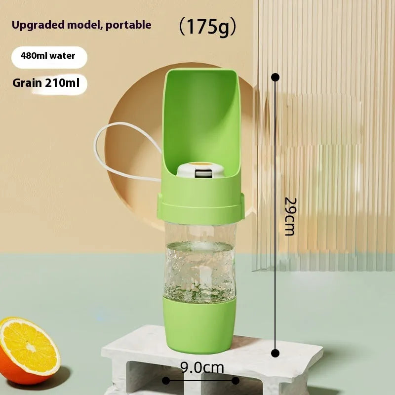 Portable pet water bottle feeder with lanyard showing grey colour option and drinking cup