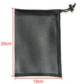 Black mesh drawstring storage bag for children's water balls and toys, shown in three available sizes.
