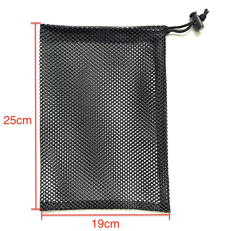 Black mesh drawstring storage bag for children's water balls and toys, shown in three available sizes.