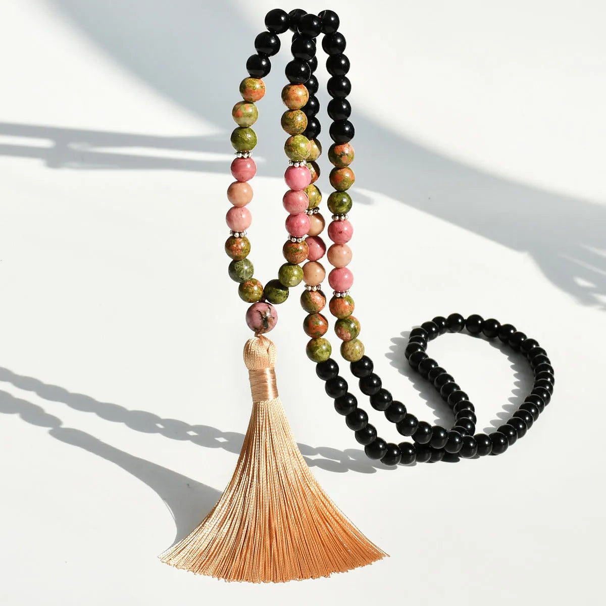 81cm long bohemian necklace with geometric gemstone pendant and 108 natural stone tassels.