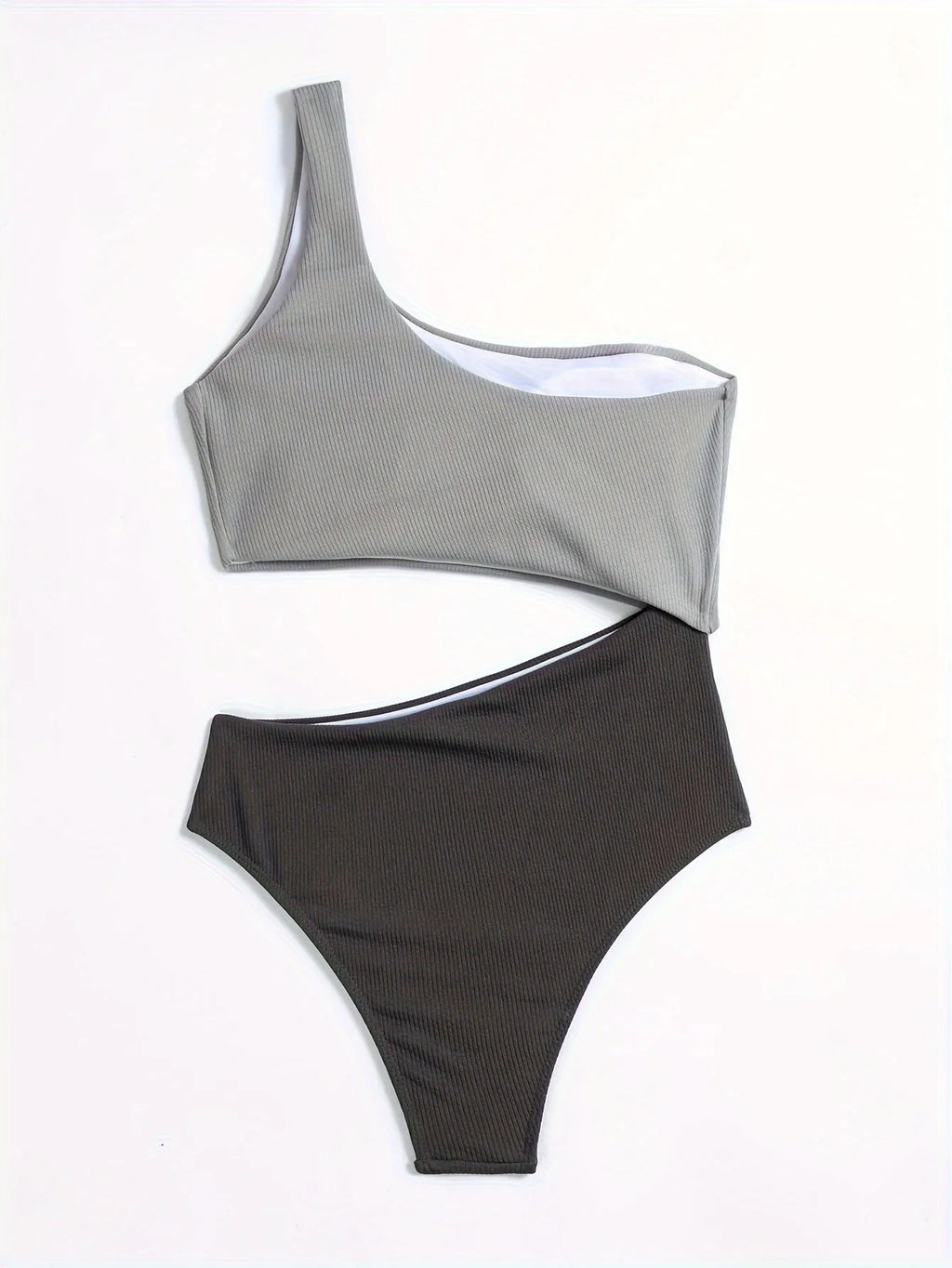 Women's light grey one-shoulder one-piece swimsuit made from polyester fabric