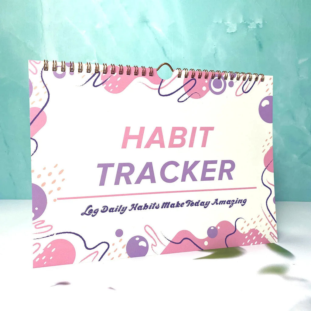 English habit tracking notebook with 12 pages in A4 21cm by 28cm format showing colour options