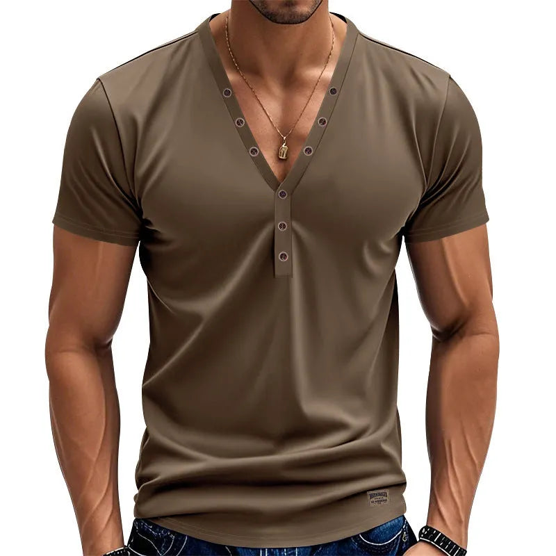 Men's loose thin V-neck pullover top with button design in chemical fibre blend fabric