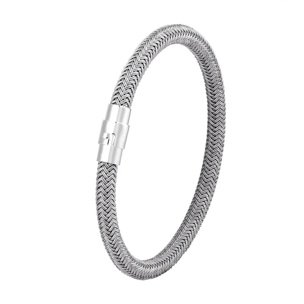 Titanium steel wire bracelet with magnetic clasp in a geometric, unisex design.