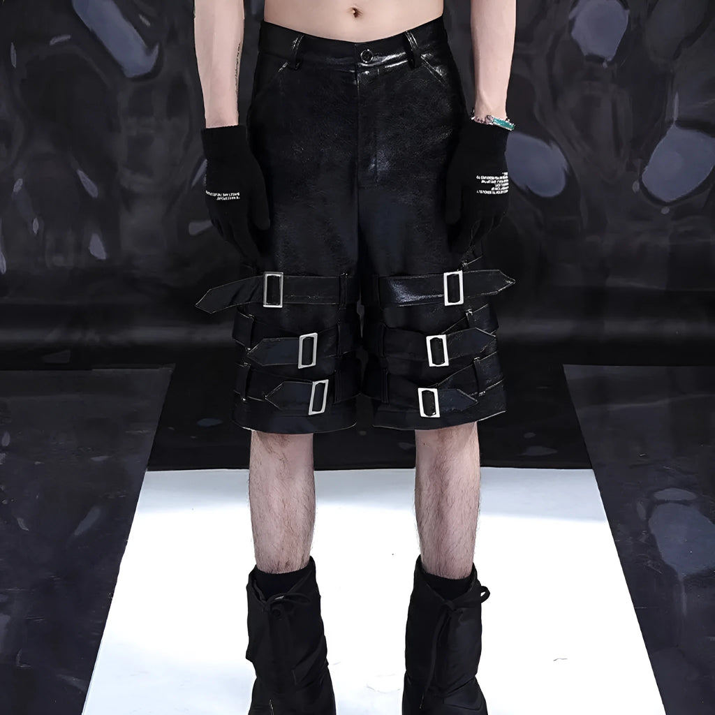 Men's black PU leather shorts with ring detailing, cropped casual design