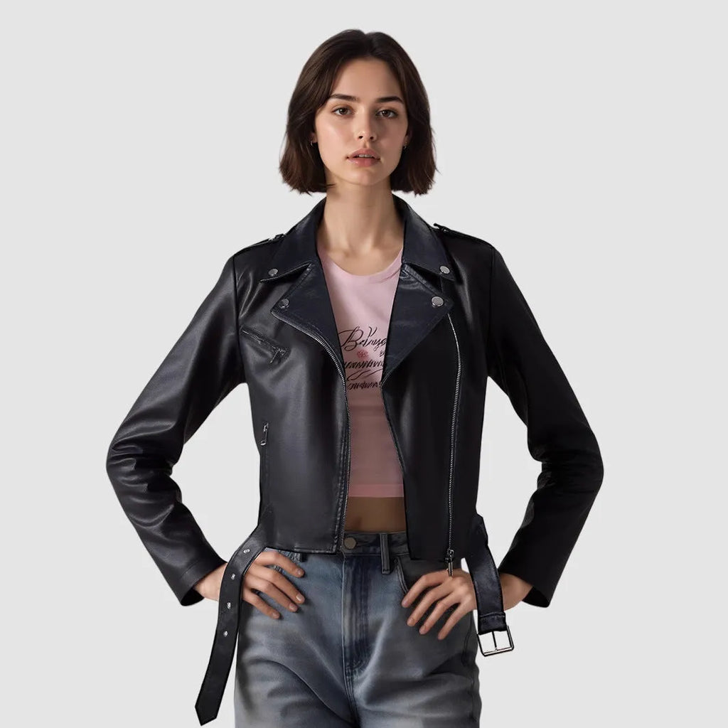 Women's black PU leather motorcycle-style jacket with a lapel short belt fastened at the waist.