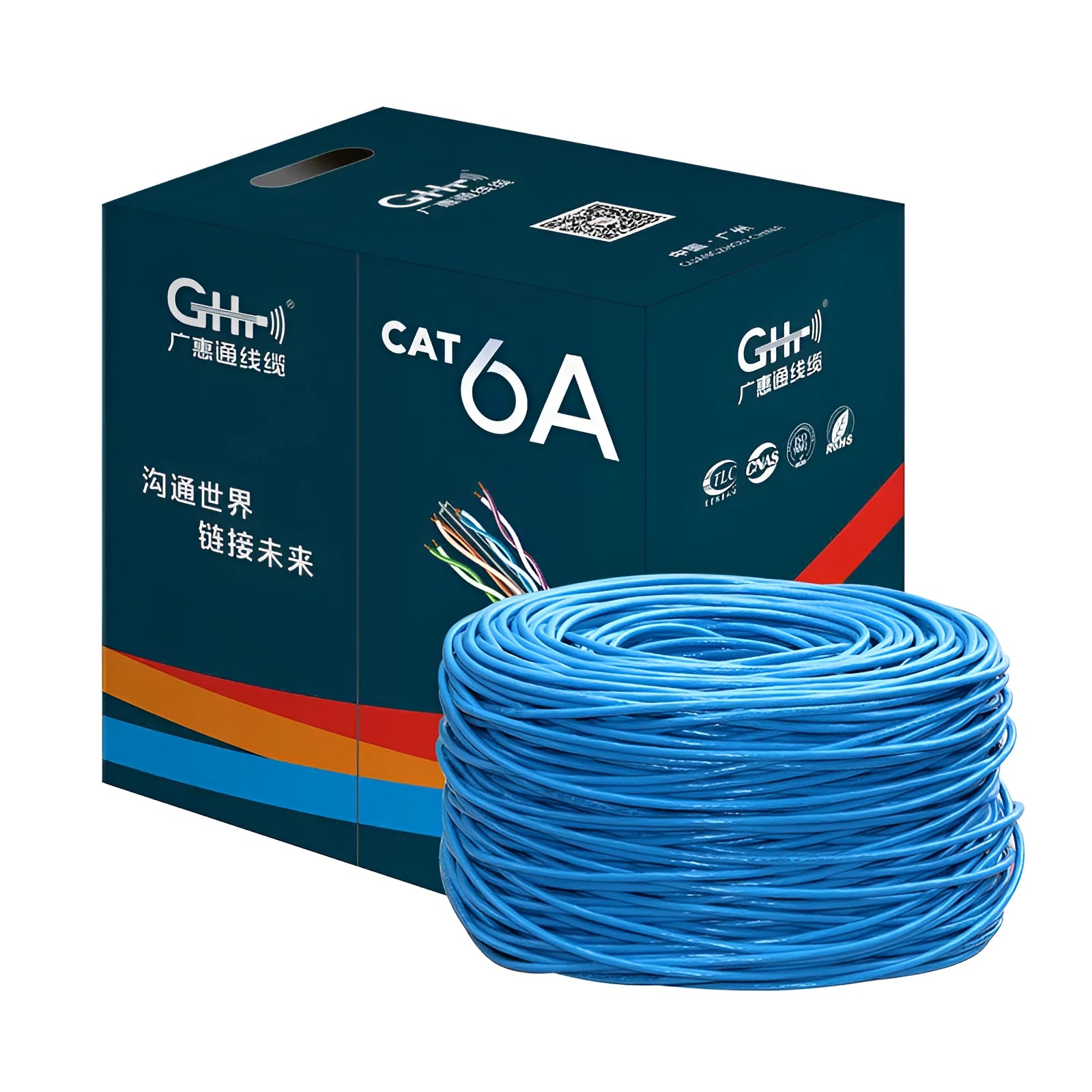 Blue Category 6 gigabit Ethernet network cable on a 305 metre reel with oxygen-free copper core