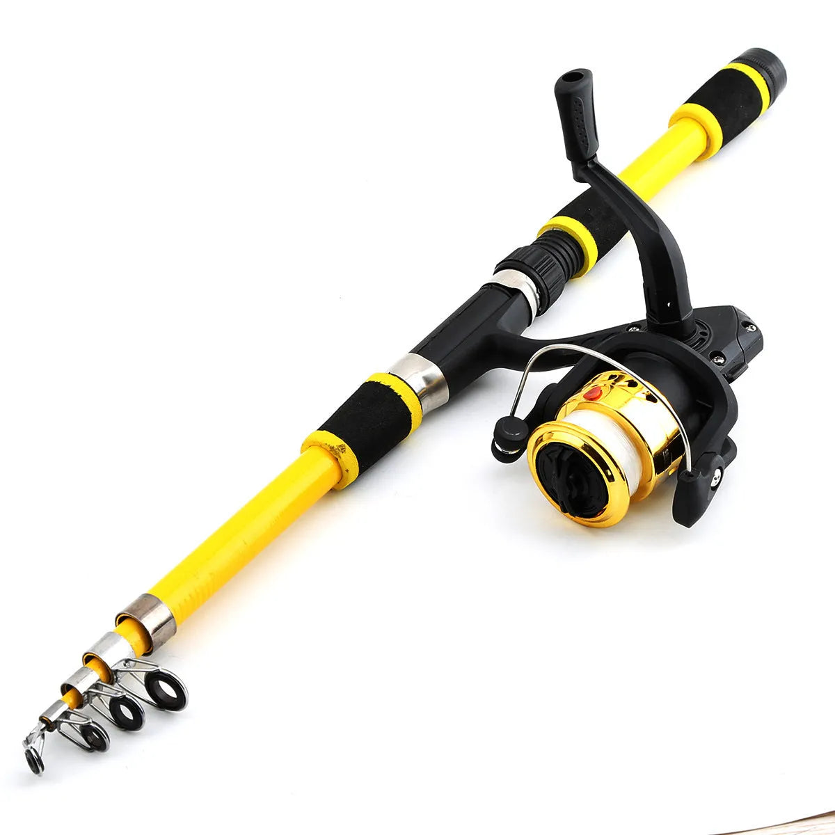 Children's beginner fishing rod and reel set in blue, green, red, or yellow colour options.
