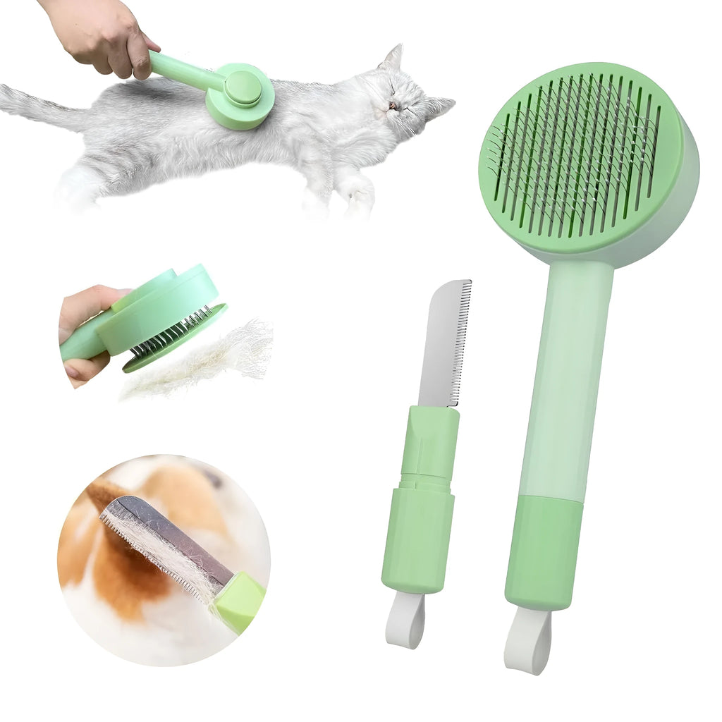 Green and yellow pet grooming brush with stainless steel teeth and hanging loop
