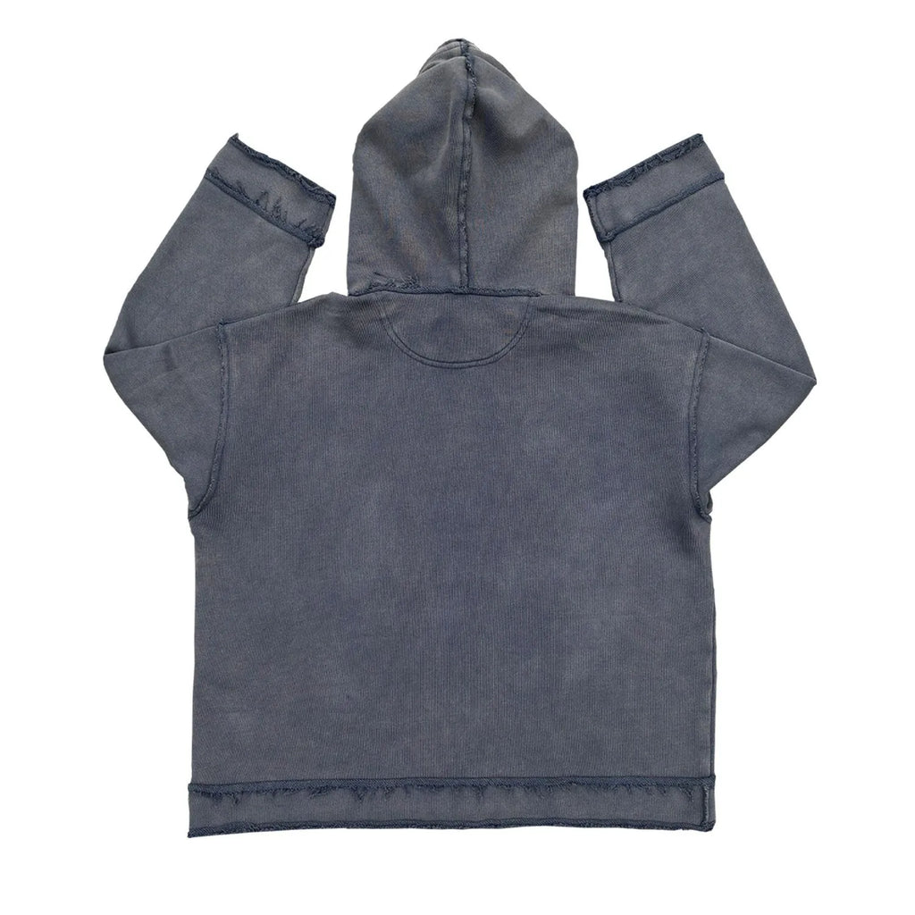 Dark blue hoodie sweatshirt with The Sun Also Rises graphic print on the back, showing front and reverse design.