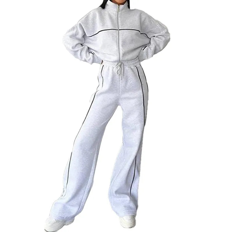 Casual striped suit set with mock neck hoodie and trousers in six colour options