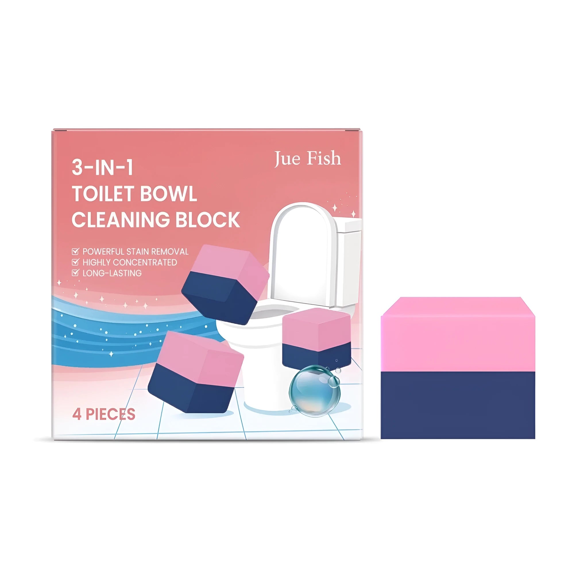 Four blue toilet cleaning blocks with three-in-one cleaning formula