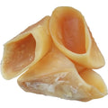 Cowhide dog chew rod in natural hoof shell colour shown in two sizes for small and large dogs
