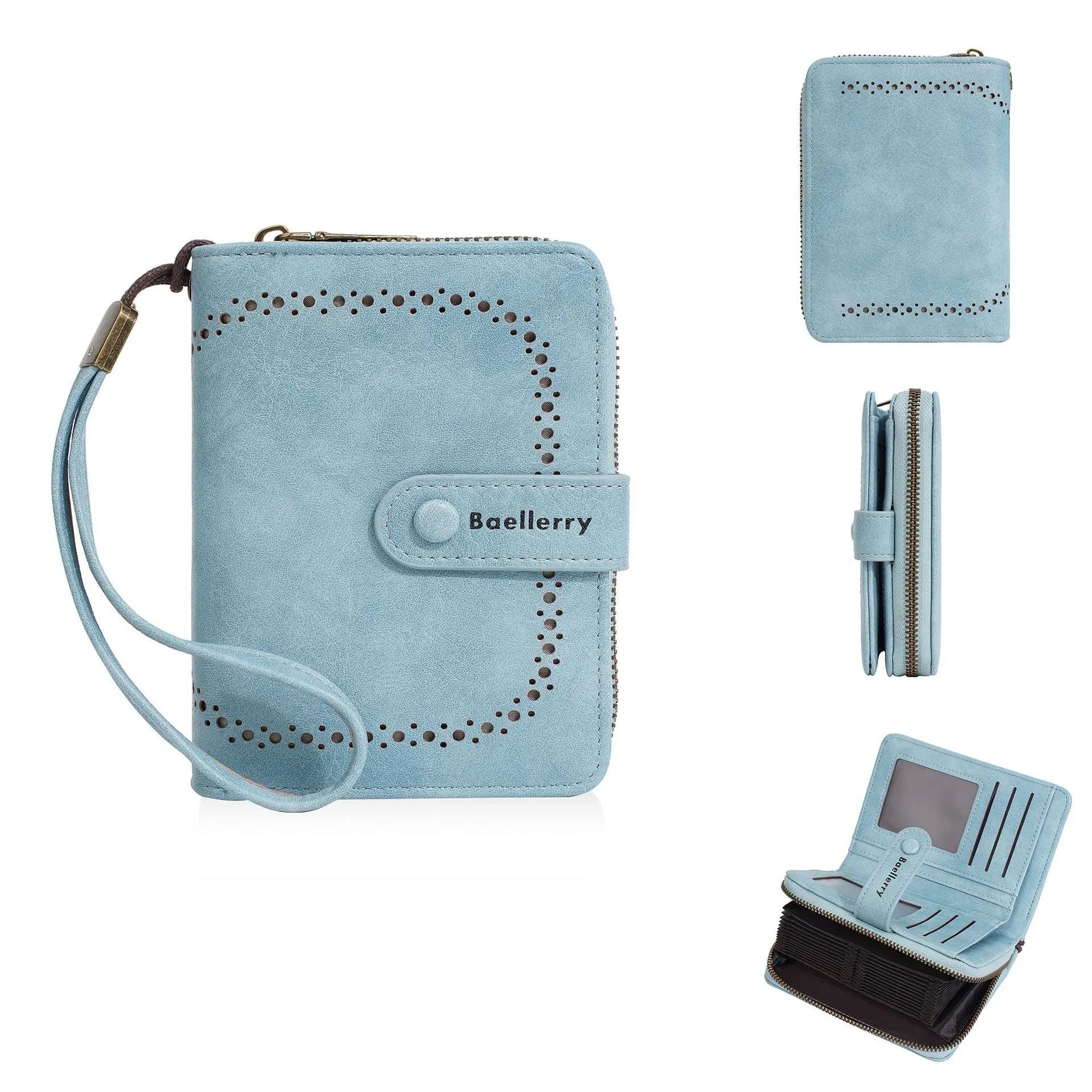 Women's black PU leather zip coin purse lying open showing card slots and a coin compartment.