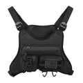 Men's oxford cloth chest bag in black, shown in a vest-style design for outdoor sports and daily wear.