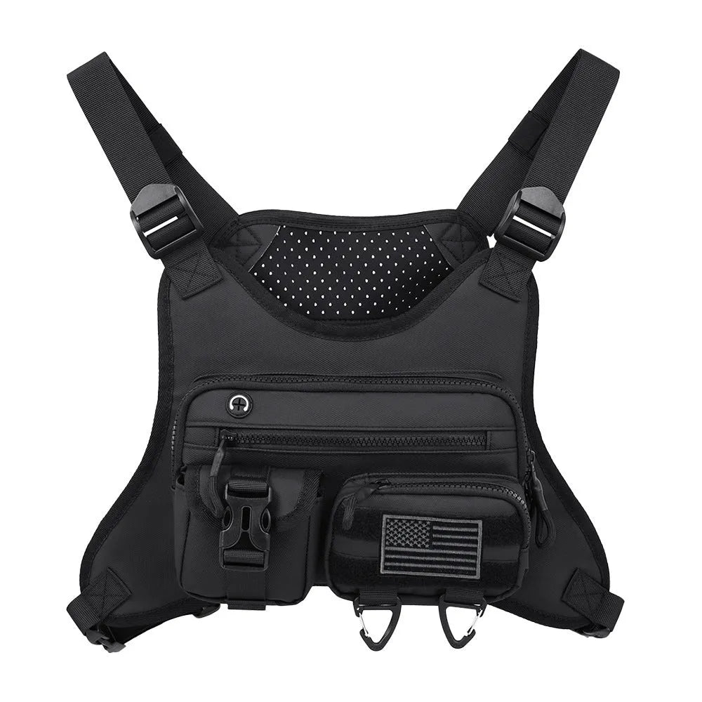 Men's oxford cloth chest bag in black, shown in a vest-style design for outdoor sports and daily wear.