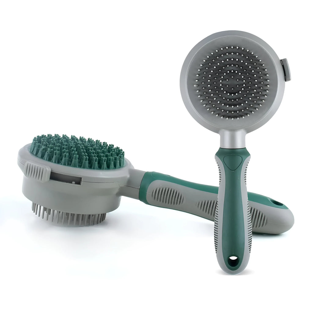 Green and pink dual-sided pet grooming brush with retractable slicker brush and silicone massager pins