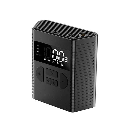 Black portable wireless car tyre inflator with digital display, LED light, and USB port on a red background.
