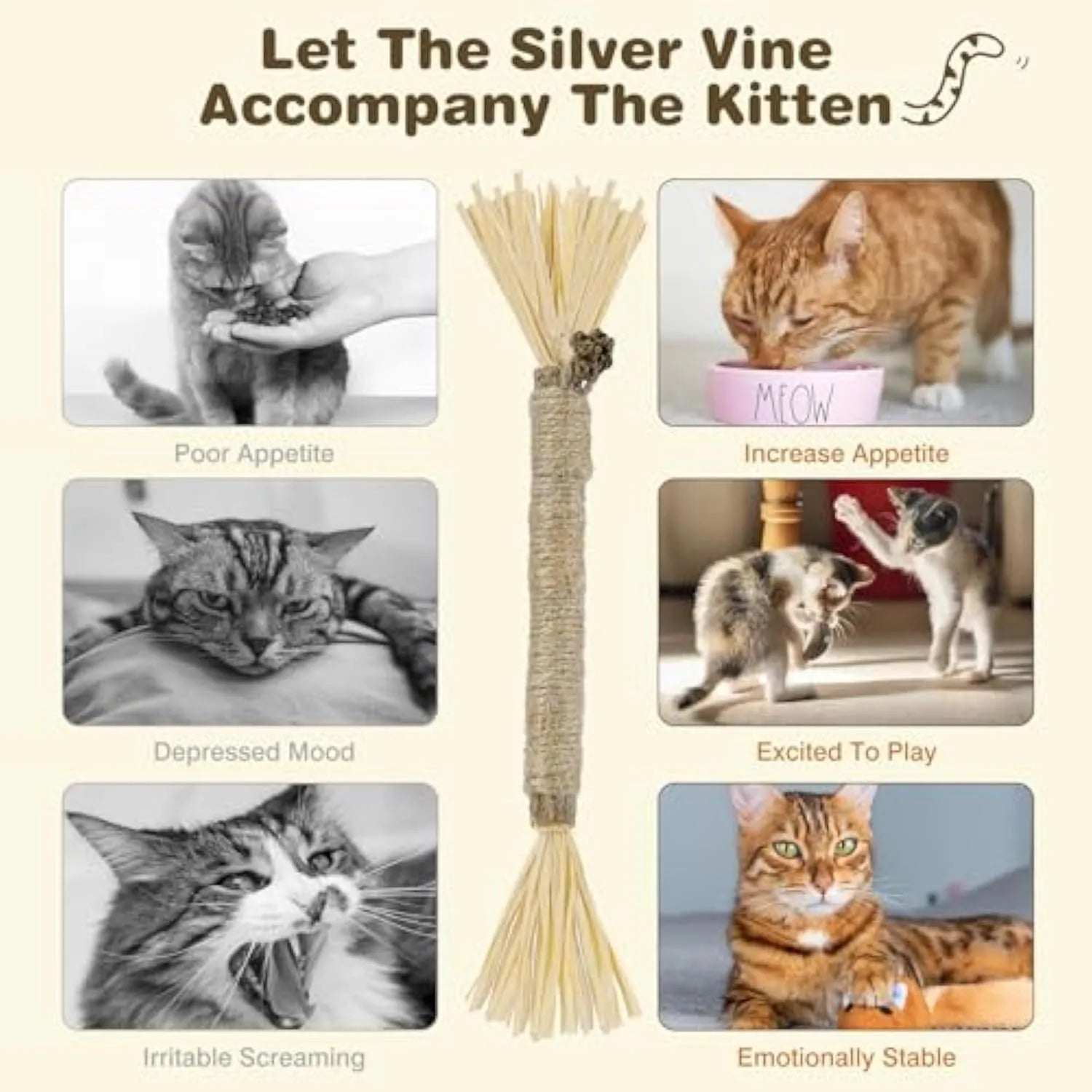 3 natural silvervine chew sticks for cats with sisal rope and raffia dental care toy