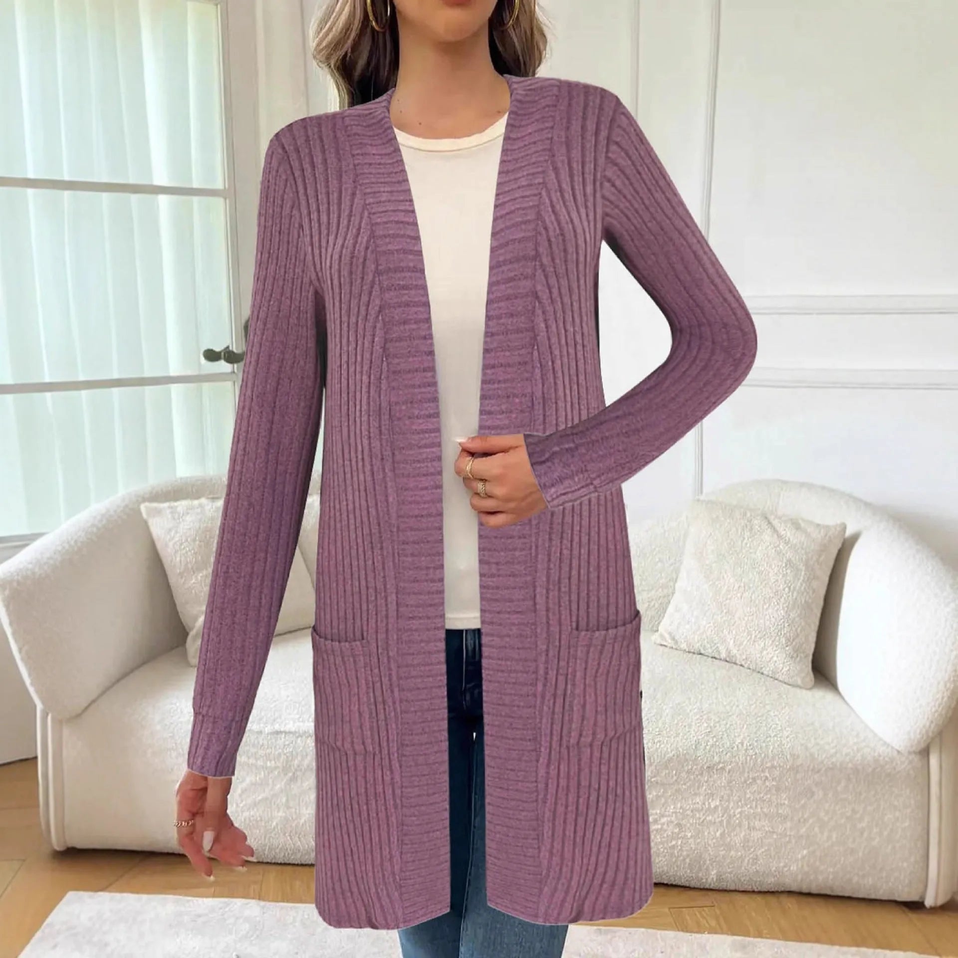 Long sleeve loose fit knitted cardigan jacket with pockets in polyester fabric