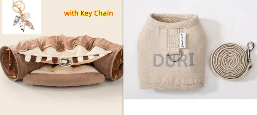 Collapsible cloth cat tunnel for play, shown in one of four colours: Bar, Coffee, Matcha, or Pink.