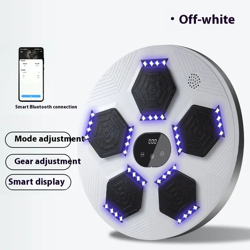 Smart music boxing machine reaction target with LED lights hanging on wall, includes boxing gloves