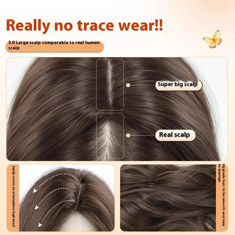Full-head long curly synthetic wig with side bangs in cold brown colour.
