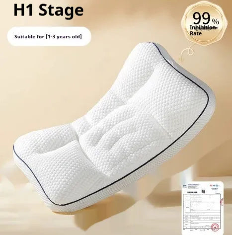 Children's dual-sided partition neck pillow showing cool and warm sides for ages 1 to 6 years