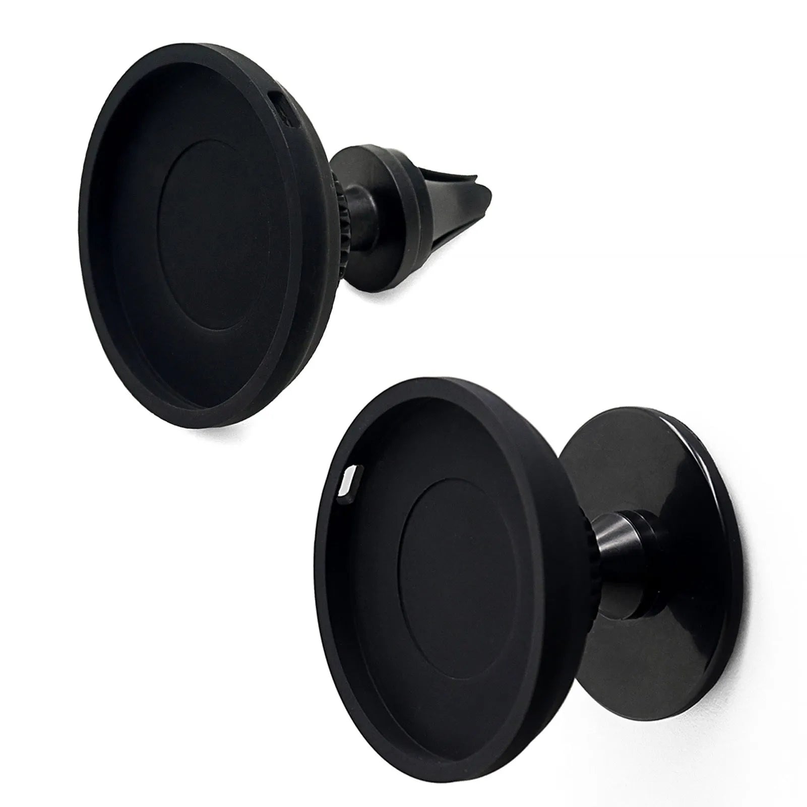 Black plastic car mobile phone holder with magnetic snap-in attachment for dashboard or air vent mounting